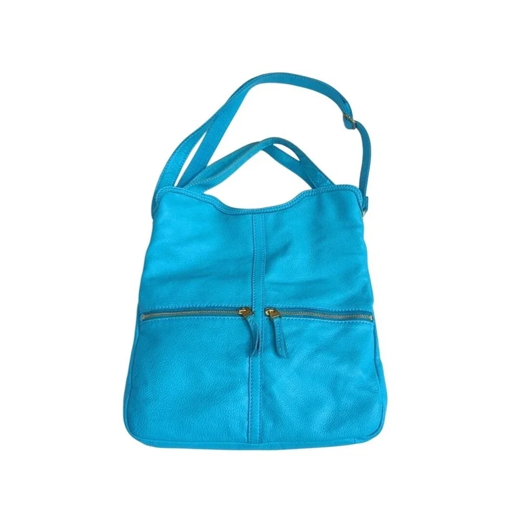 Fossil Erin Tidal Blue Soft Pebbled Leather Fold Over Crossbody Zipper Pockets